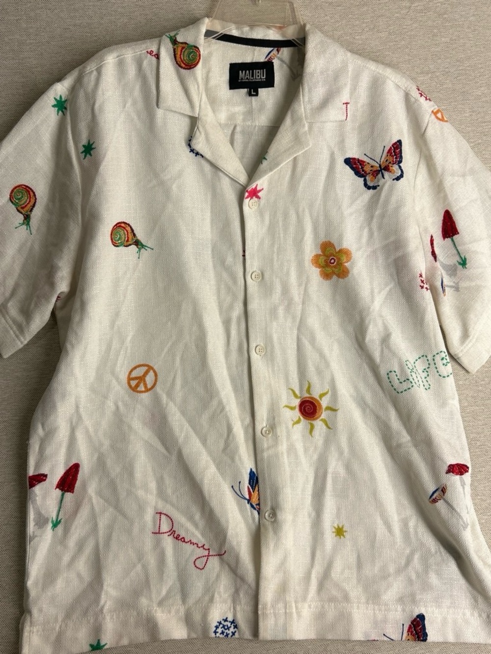 Malibu White Short-Sleeve Button-Down Shirt with Multicolor Embroidery